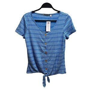Notations Womens Size S Blue Striped Button‎ Front Waist Tie Knit Top NWT